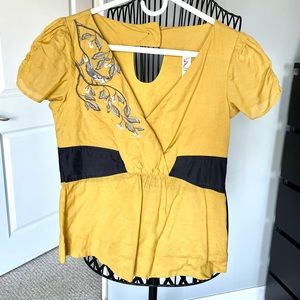 Anthropology Yellow Ochre Short Sleeve Embroidery